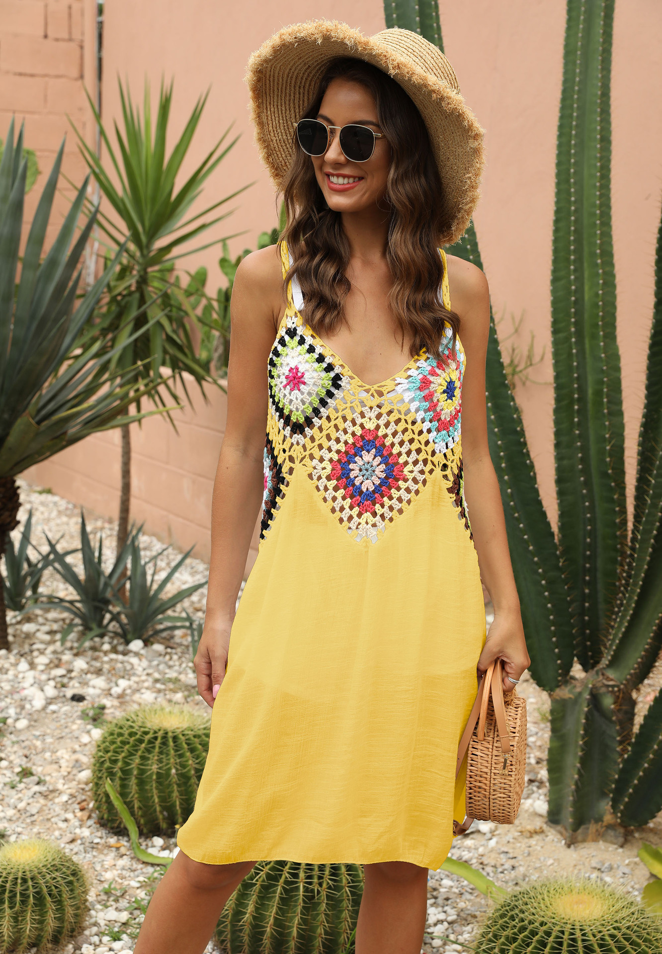 Women's Hand-Crochet Spliced Hollow-Out Cami Dress