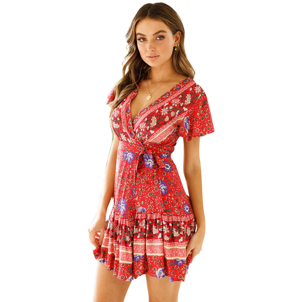 V-Neck Boho Print Short Dress Short Sleeve High Waist