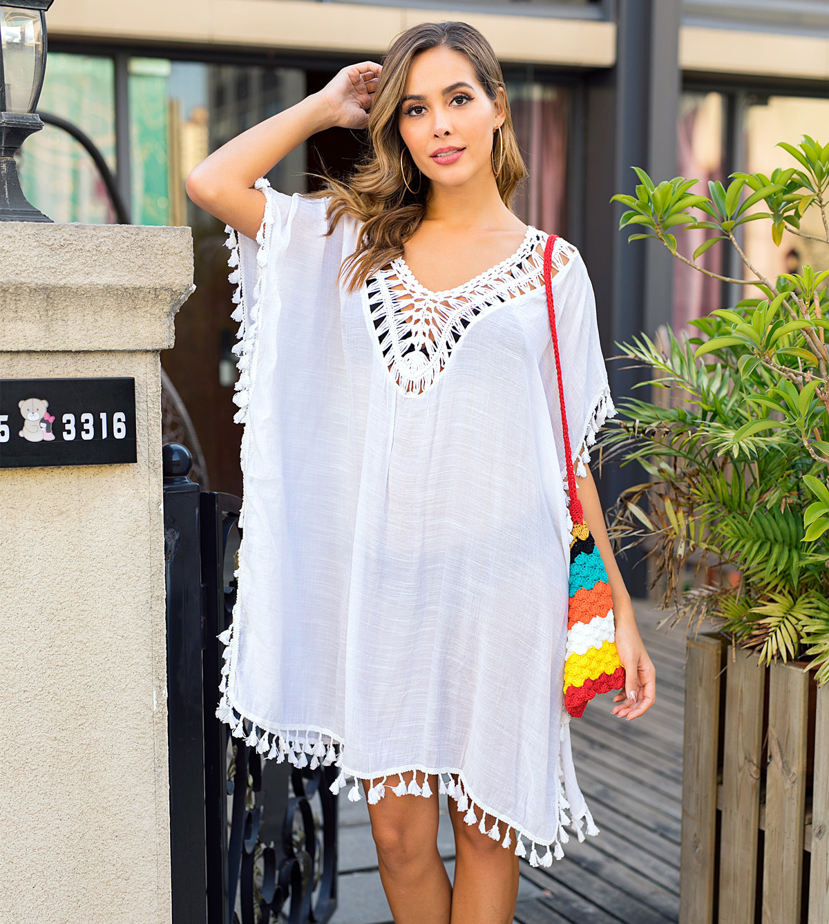Women's Crochet Fringe Open-Back Beach Cover-Up Dress