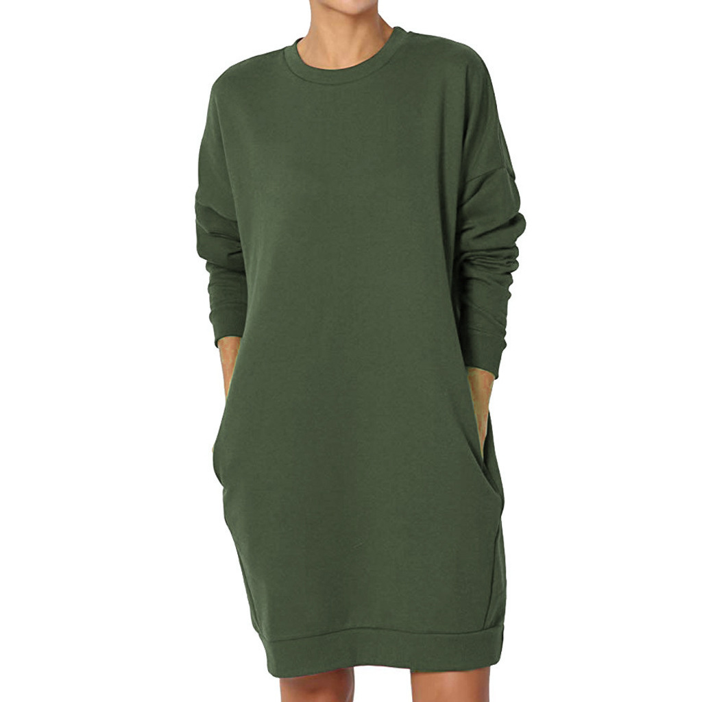 Plus Size Women's Crewneck Solid Color Long Pocket Hoodie Harajuku Style