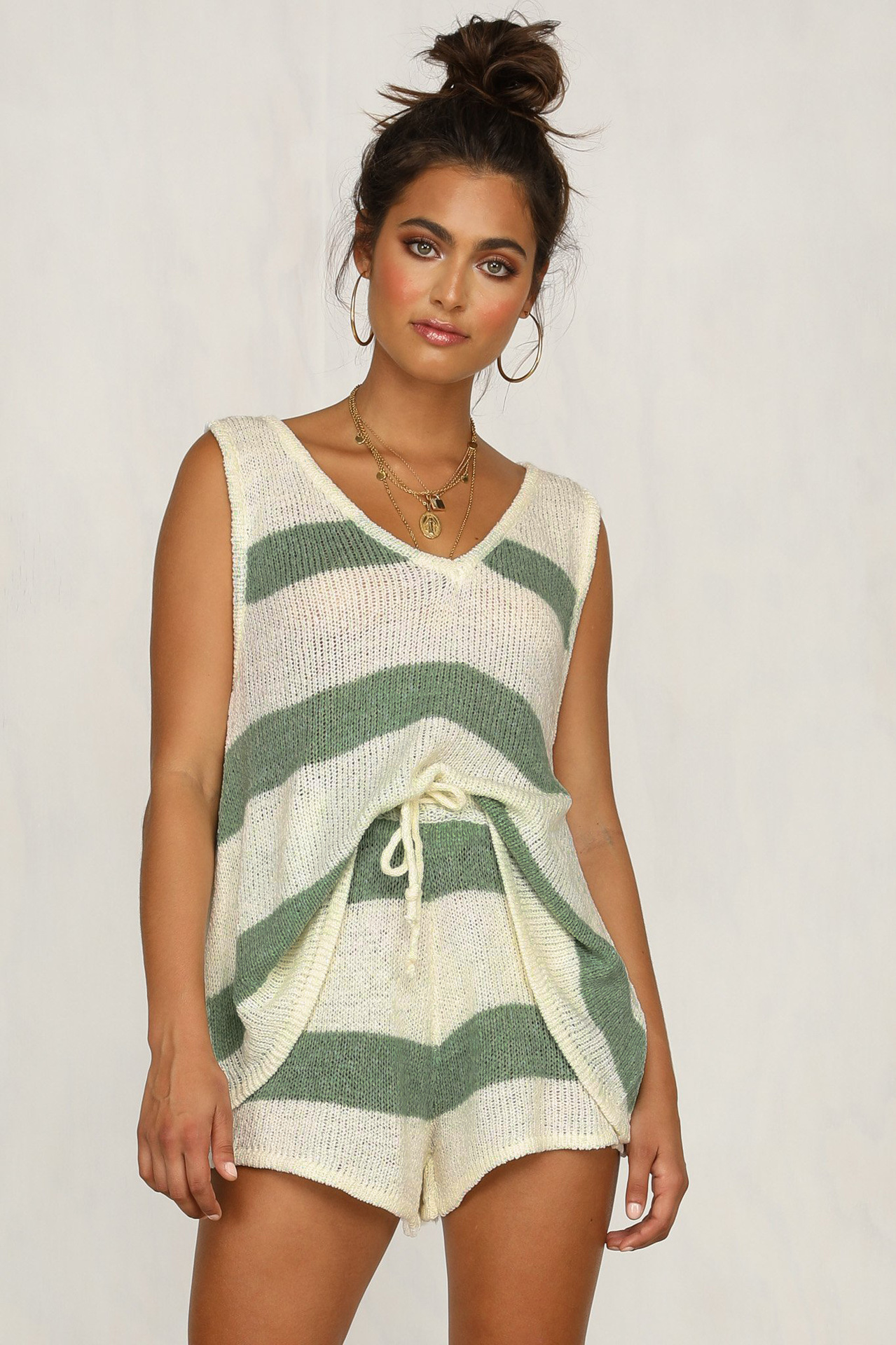 Striped V-Neck Knit Tank Top and Shorts Two-Piece Set