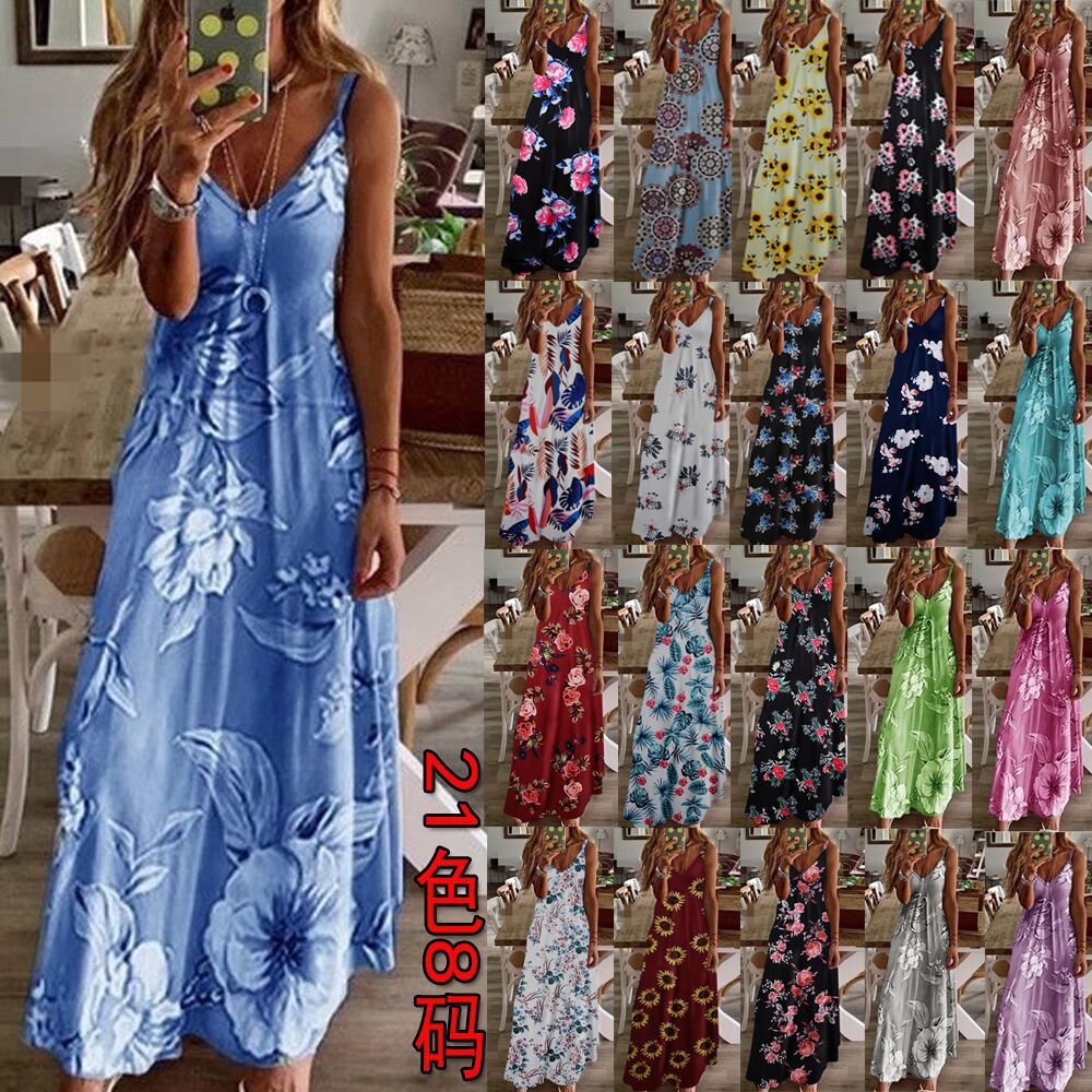 Women's Summer Sleeveless V-Neck A-Line Maxi Dress with Digital Print