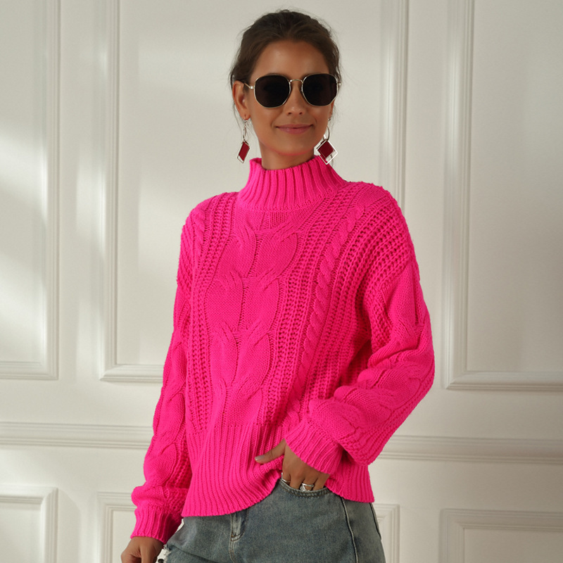 Women's Plus Size Neon Cable Knit Sweater Long Sleeve Mock Neck Pullover