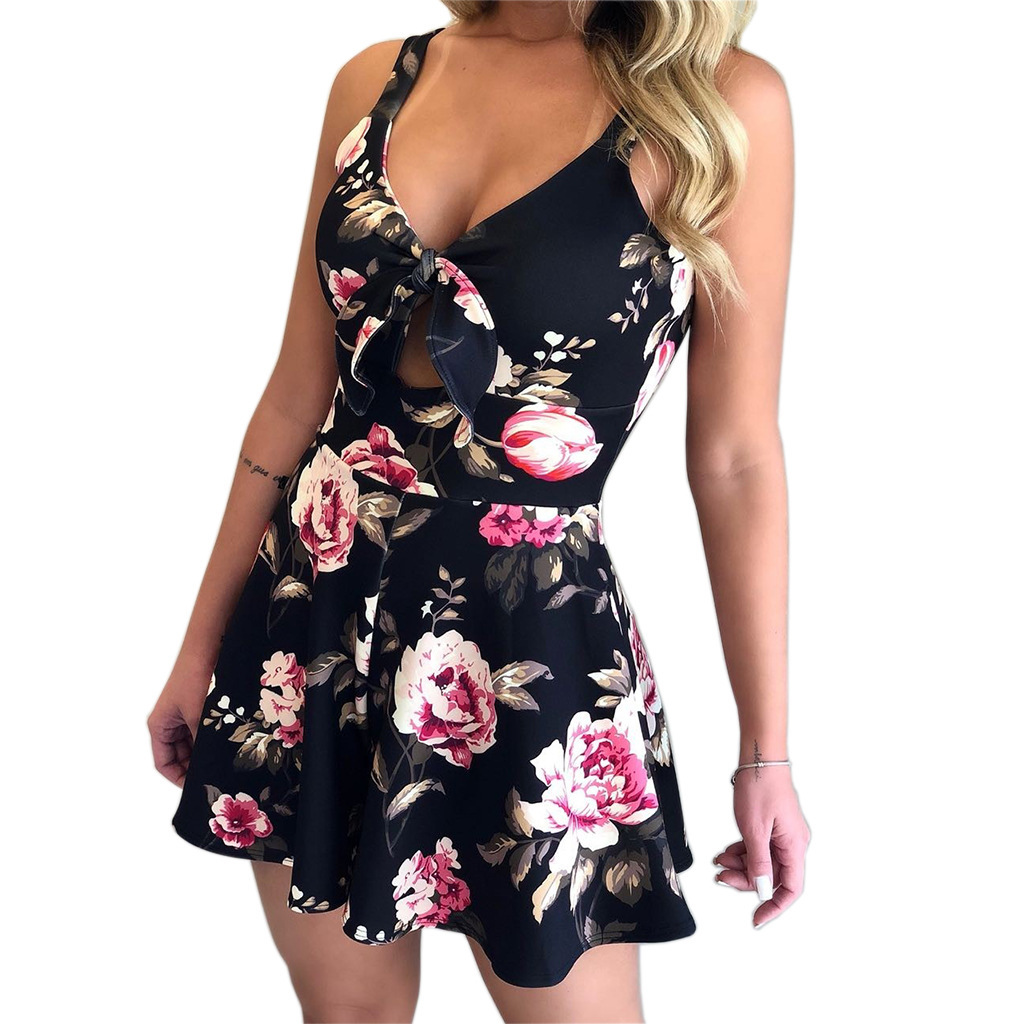 Sexy Spaghetti Strap Bow Tie Print Loose Romper Shorts