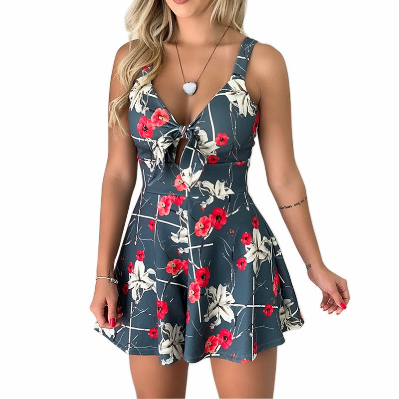 Sexy Spaghetti Strap Bow Tie Print Loose Romper Shorts