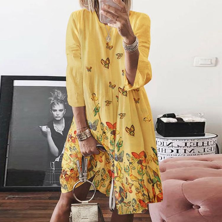 Plus Size Digital Print Round Neck Long Sleeve Dress