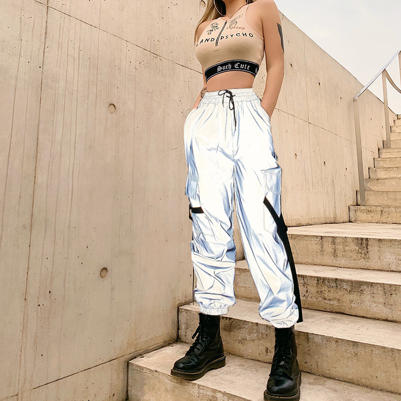 Women's High-Waist Reflective Cargo Pants with Drawstring