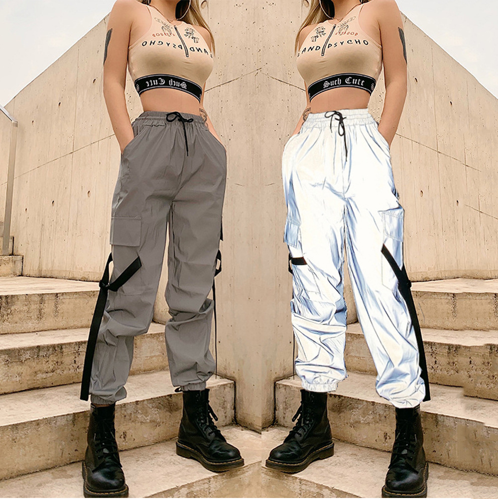 Women's High-Waist Reflective Cargo Pants with Drawstring