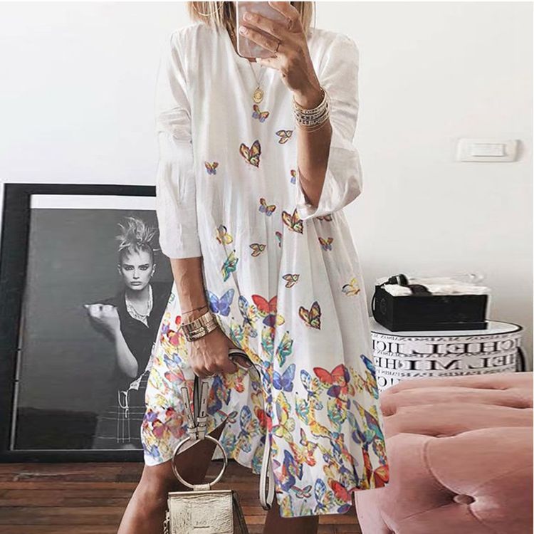 Plus Size Digital Print Round Neck Long Sleeve Dress