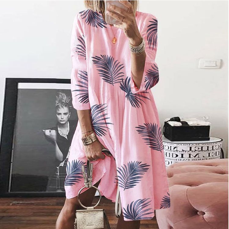 Plus Size Digital Print Round Neck Long Sleeve Dress