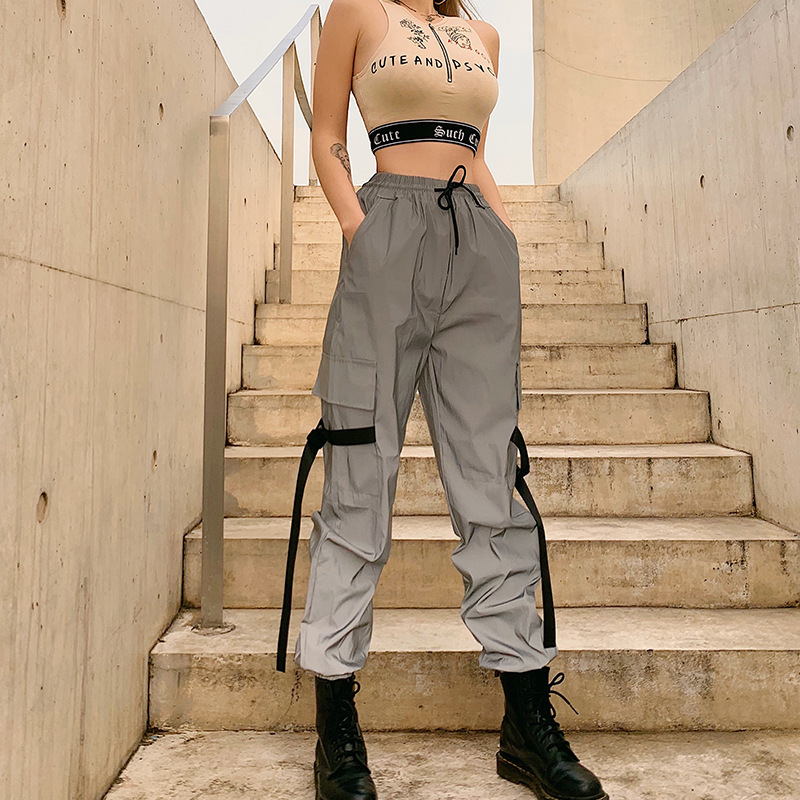 Women's High-Waist Reflective Cargo Pants with Drawstring