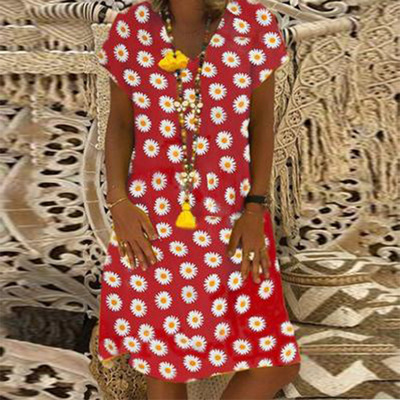 Women's V-Neck Floral Print Dress Short Sleeve Summer