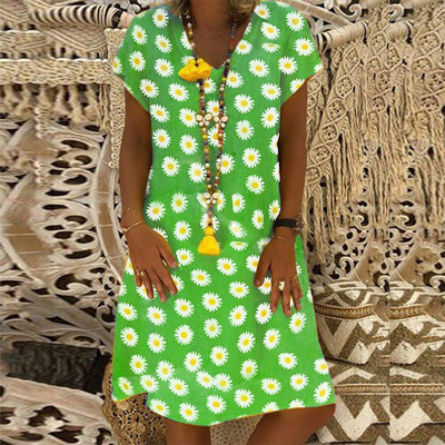 Women's V-Neck Floral Print Dress Short Sleeve Summer