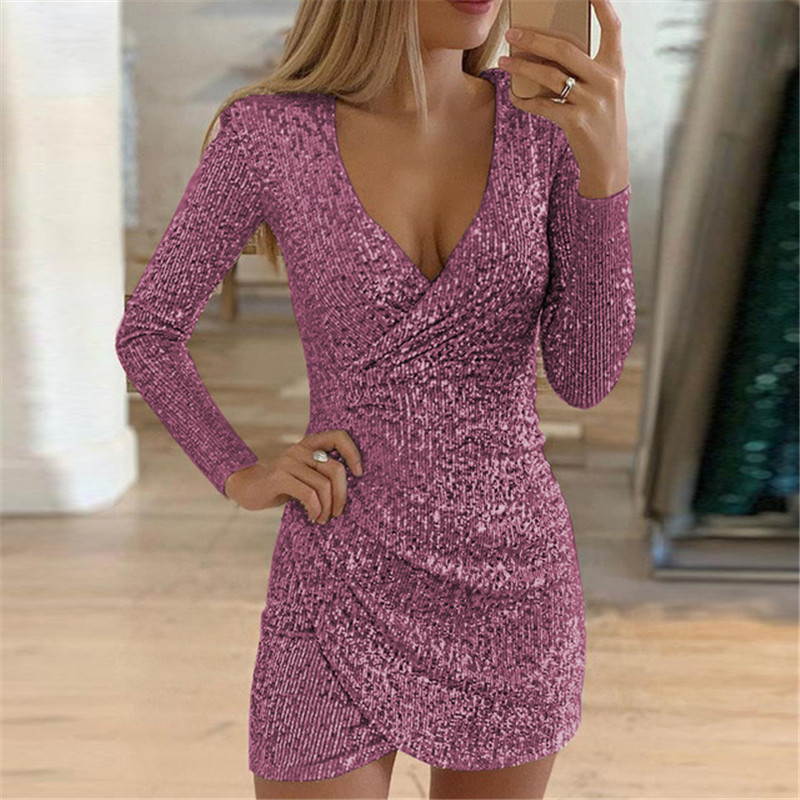 Women's Sexy V-Neck Sequin Bodycon Mini Dress with Irregular Hem