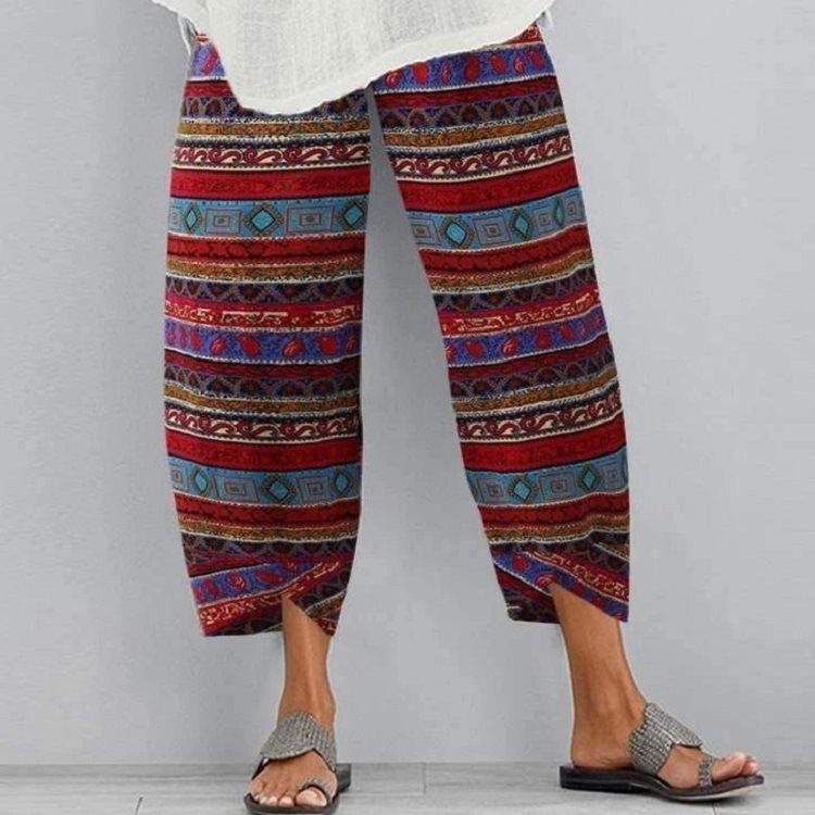 Women's Loose Striped Geometric Print Elastic Waist Pocket Pants