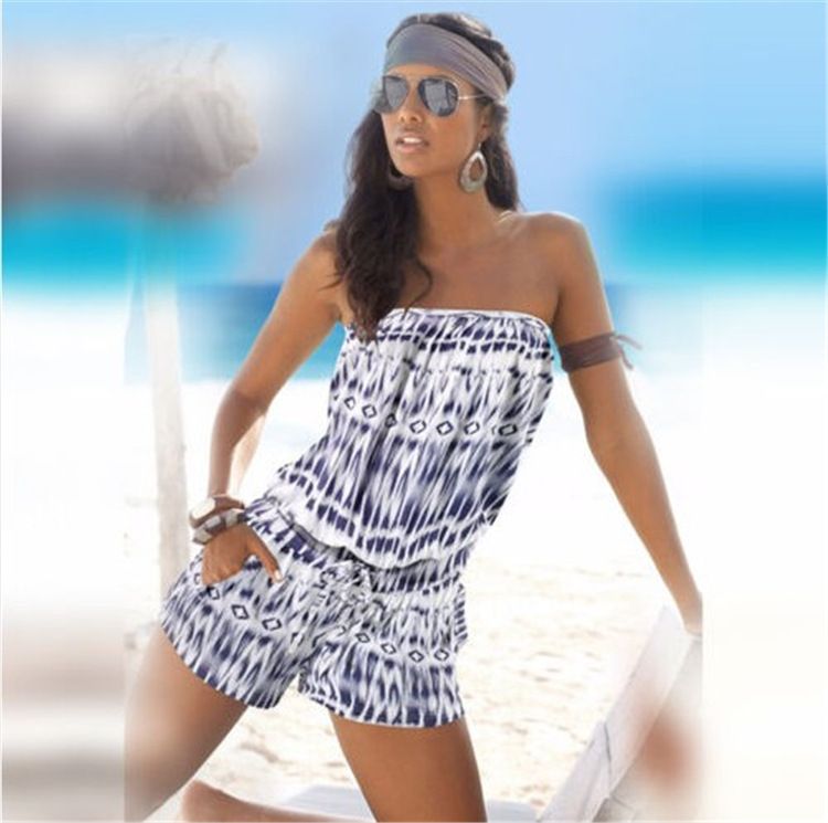 Women's Strapless Off-Shoulder Printed Pocket Jumpsuit