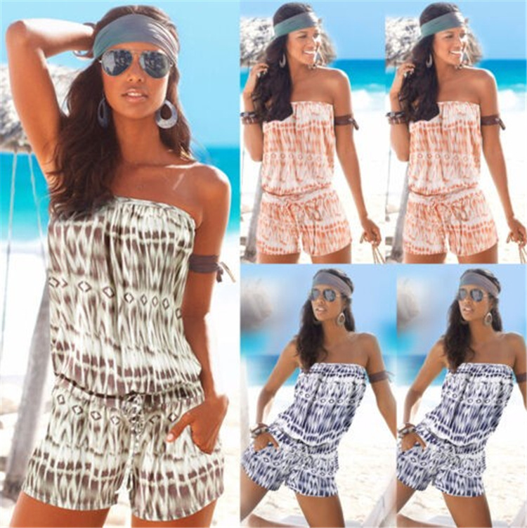 Women's Strapless Off-Shoulder Printed Pocket Jumpsuit