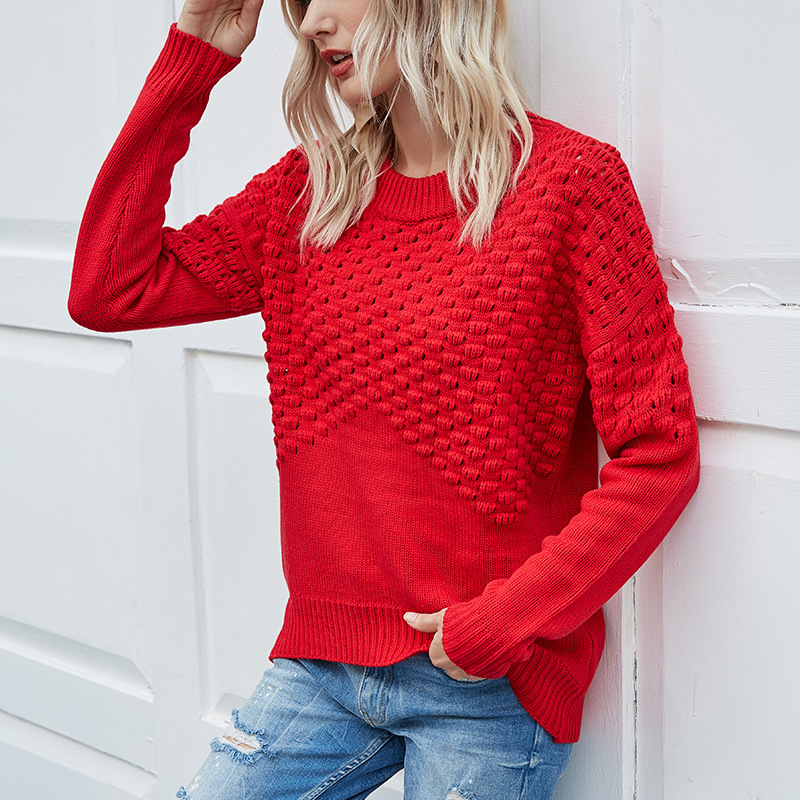 Women's Crewneck Pullover Sweater Hollow-Out Long Sleeve Solid Knit Top