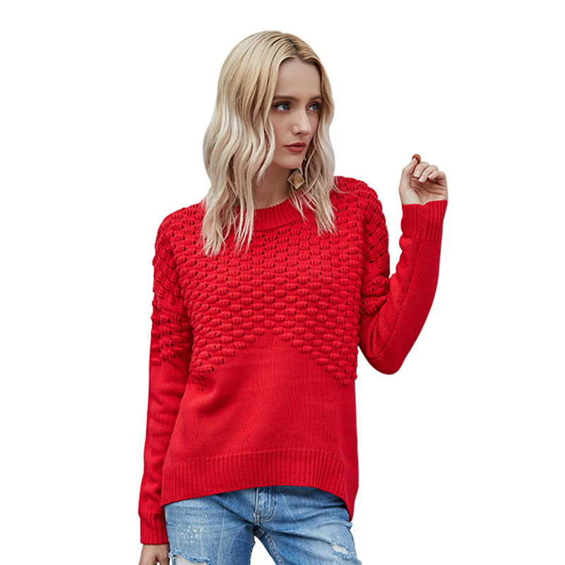 Women's Crewneck Pullover Sweater Hollow-Out Long Sleeve Solid Knit Top