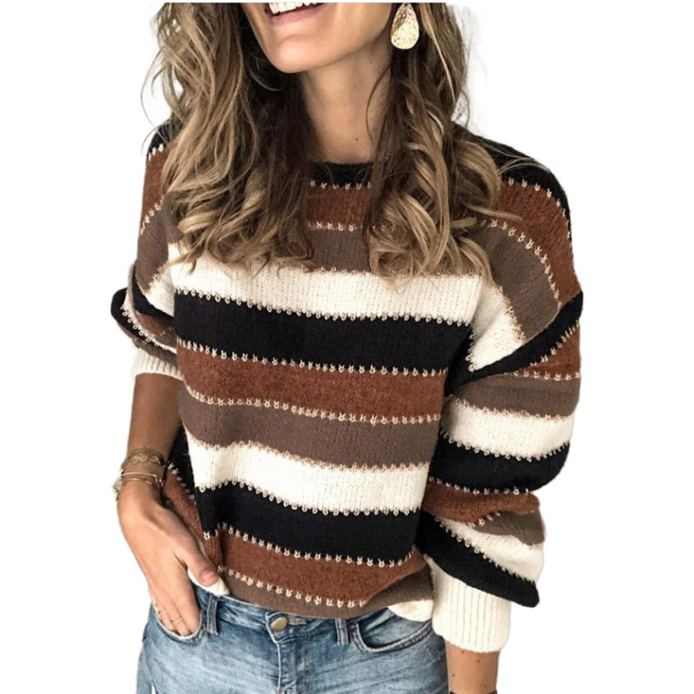 Women's Color-Block Knit Sweater Long Sleeve Crew Neck