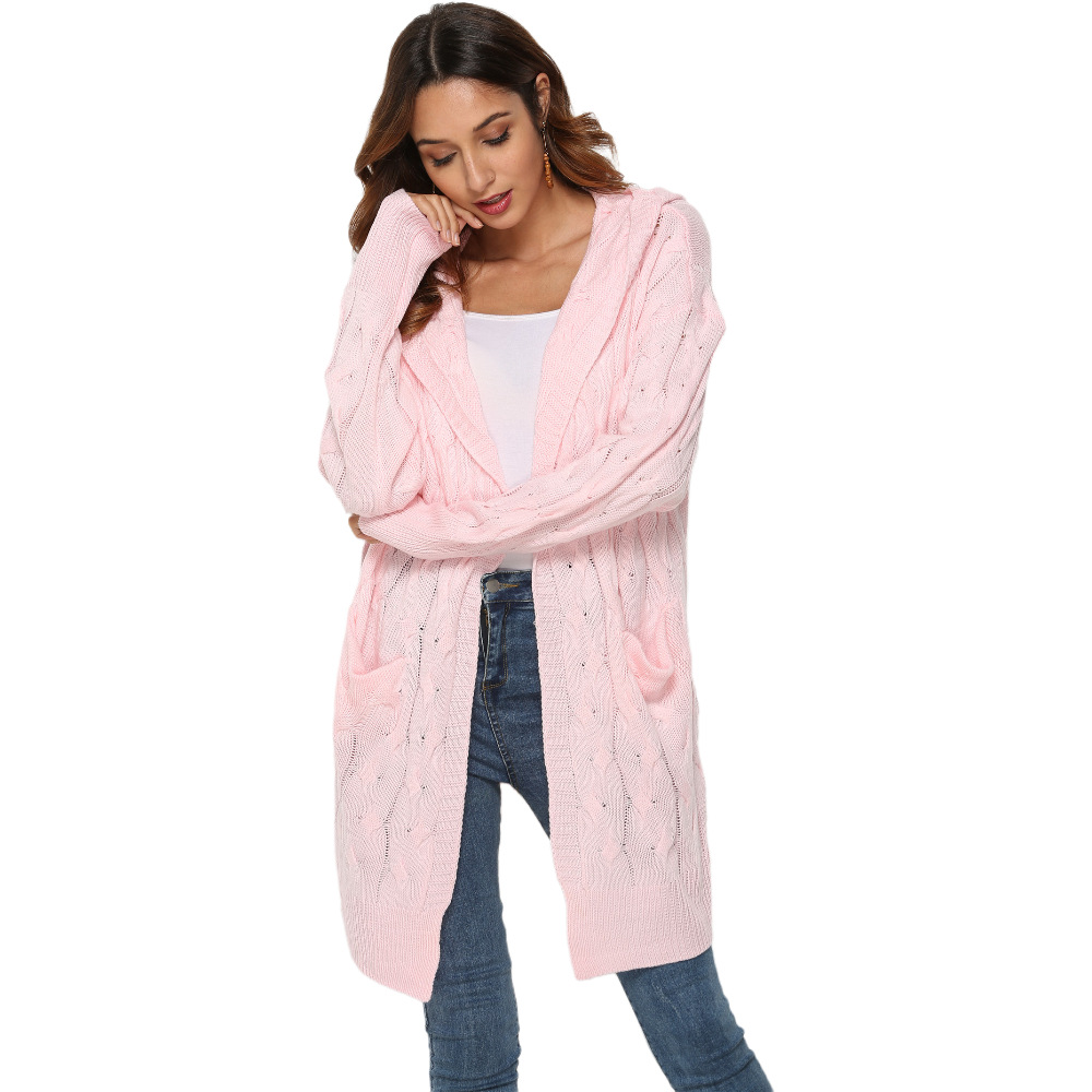 Cable-Knit Hooded Cardigan Sweater, Loose Batwing Sleeve, Black, One Size
