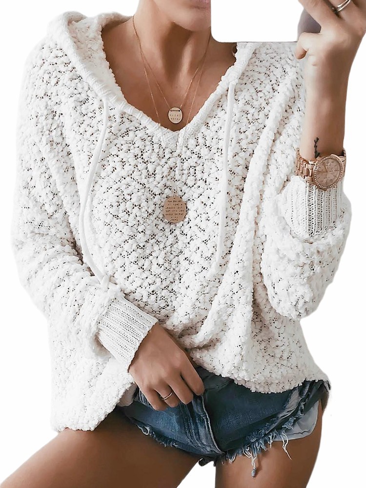 Hooded Pullover Knit Sweater with Hollow-Out Detail