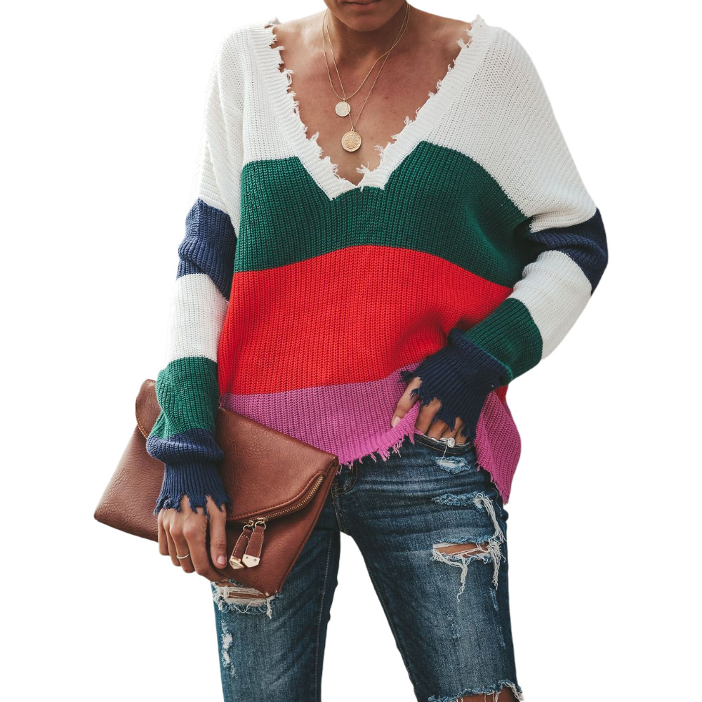 Distressed Patchwork V-Neck Knit Sweater