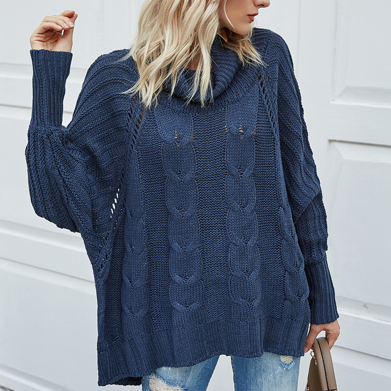 Cable-Knit Turtleneck Sweater with Batwing Sleeves, Loose Fit