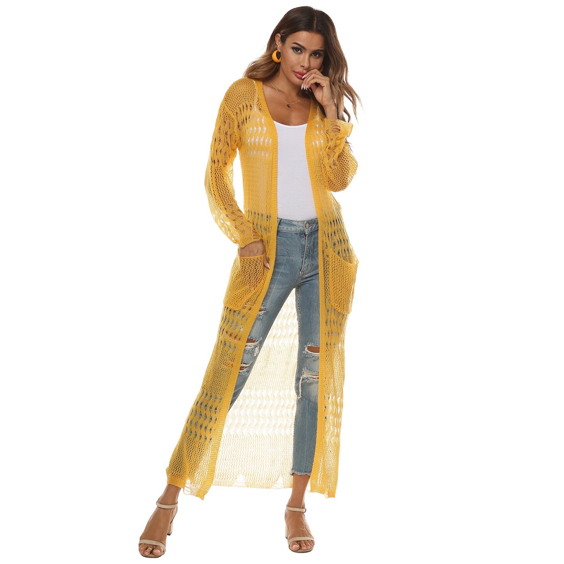 Women's Long Knit Cardigan with Pockets Casual Open Front
