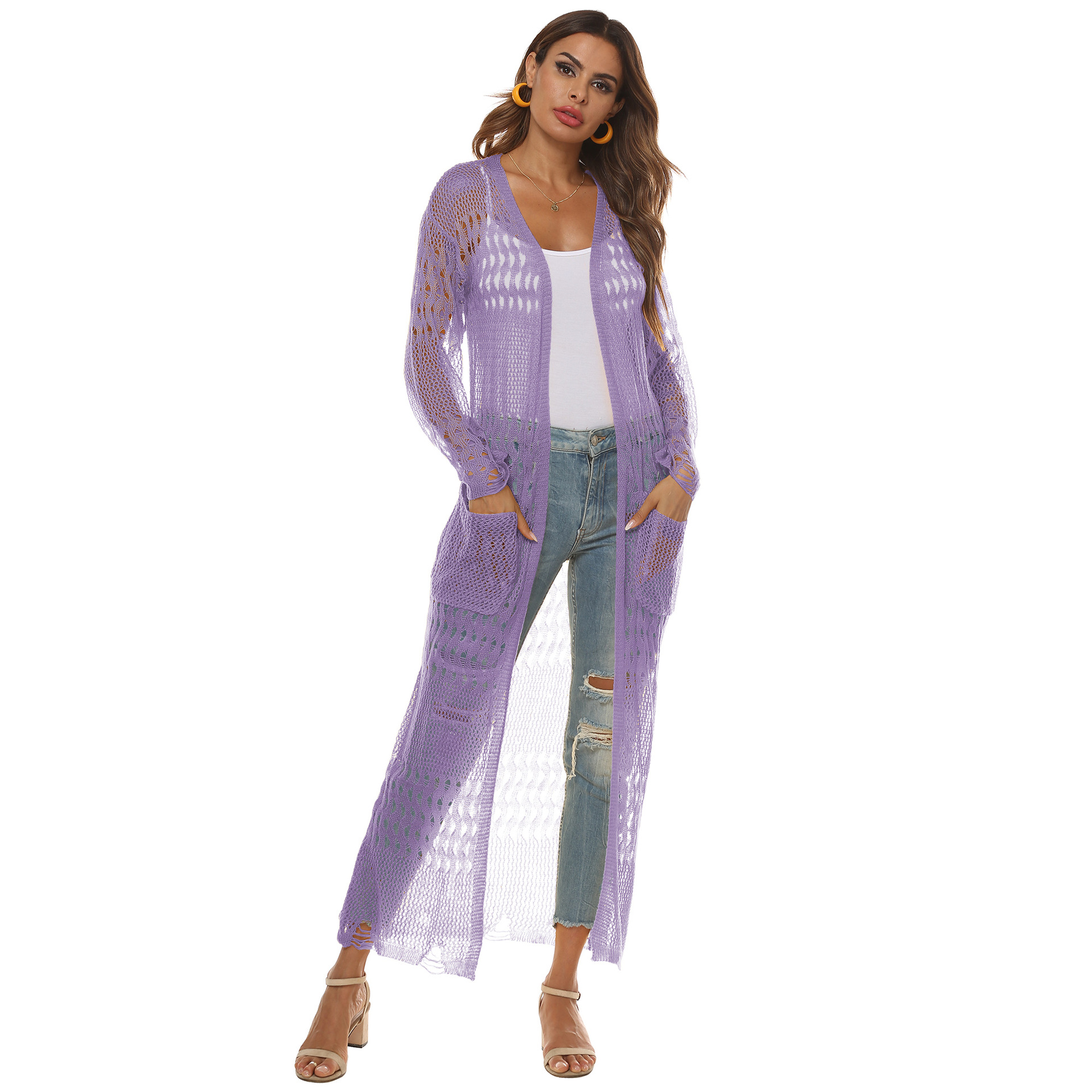 Women's Long Knit Cardigan with Pockets Casual Open Front