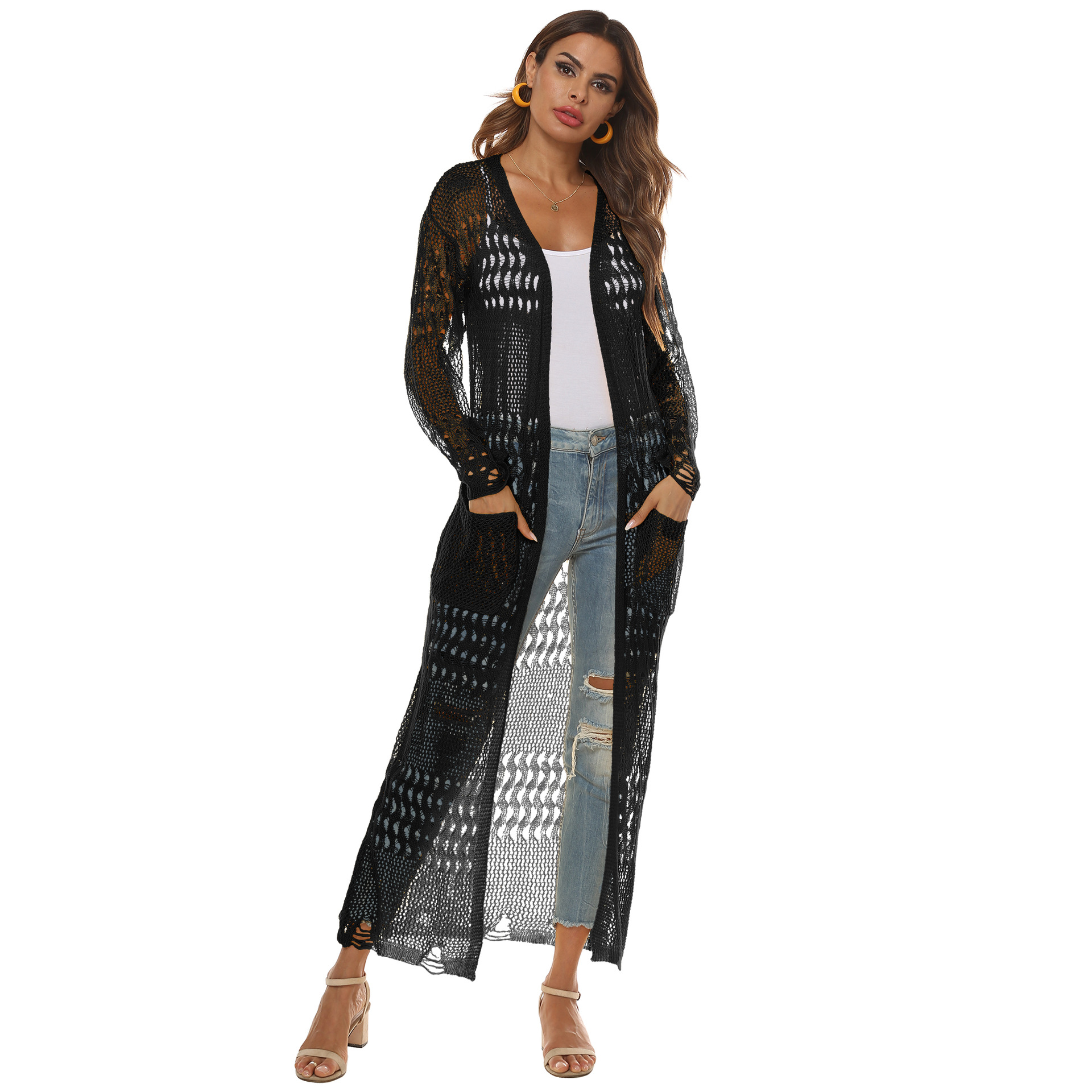 Women's Long Knit Cardigan with Pockets Casual Open Front