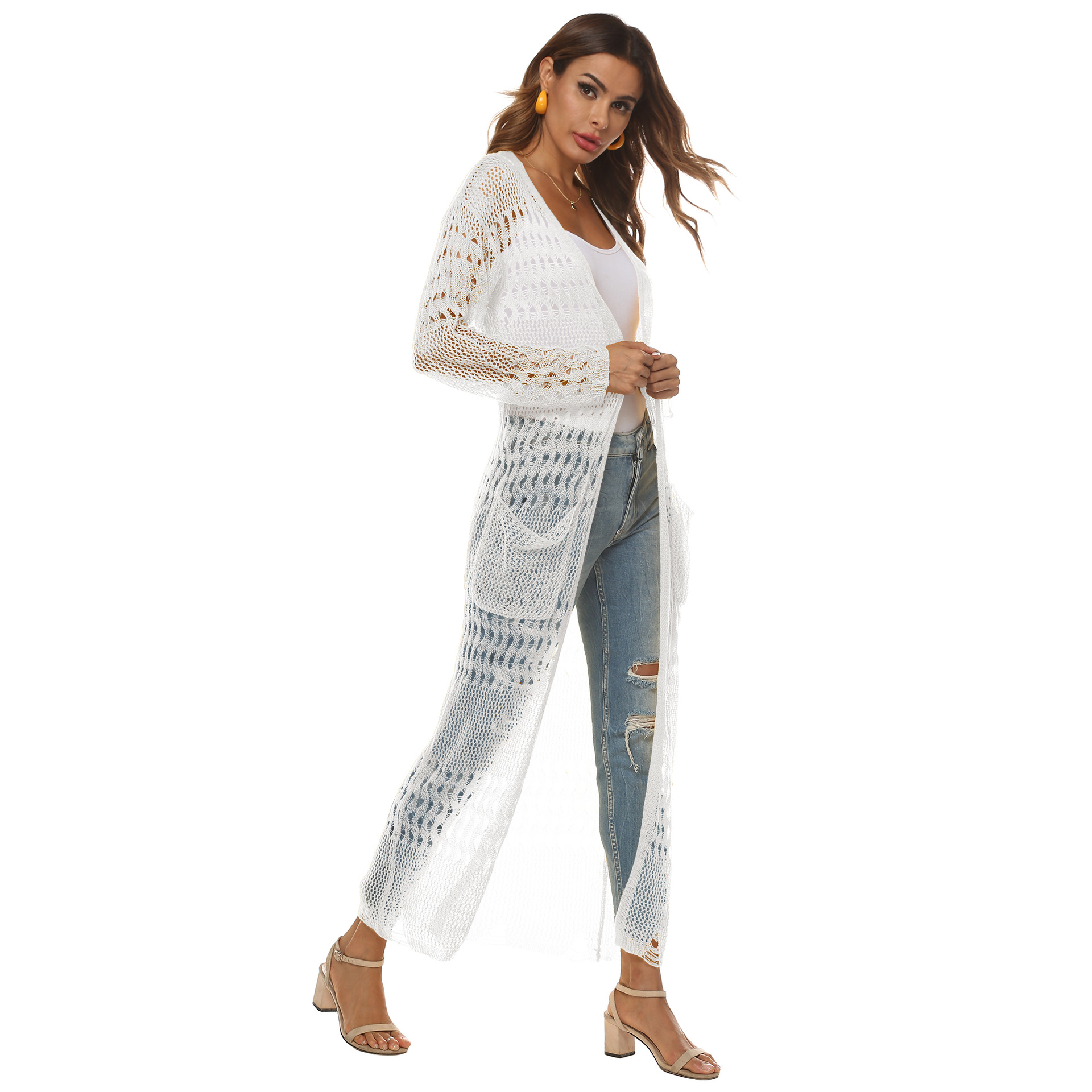 Women's Long Knit Cardigan with Pockets Casual Open Front