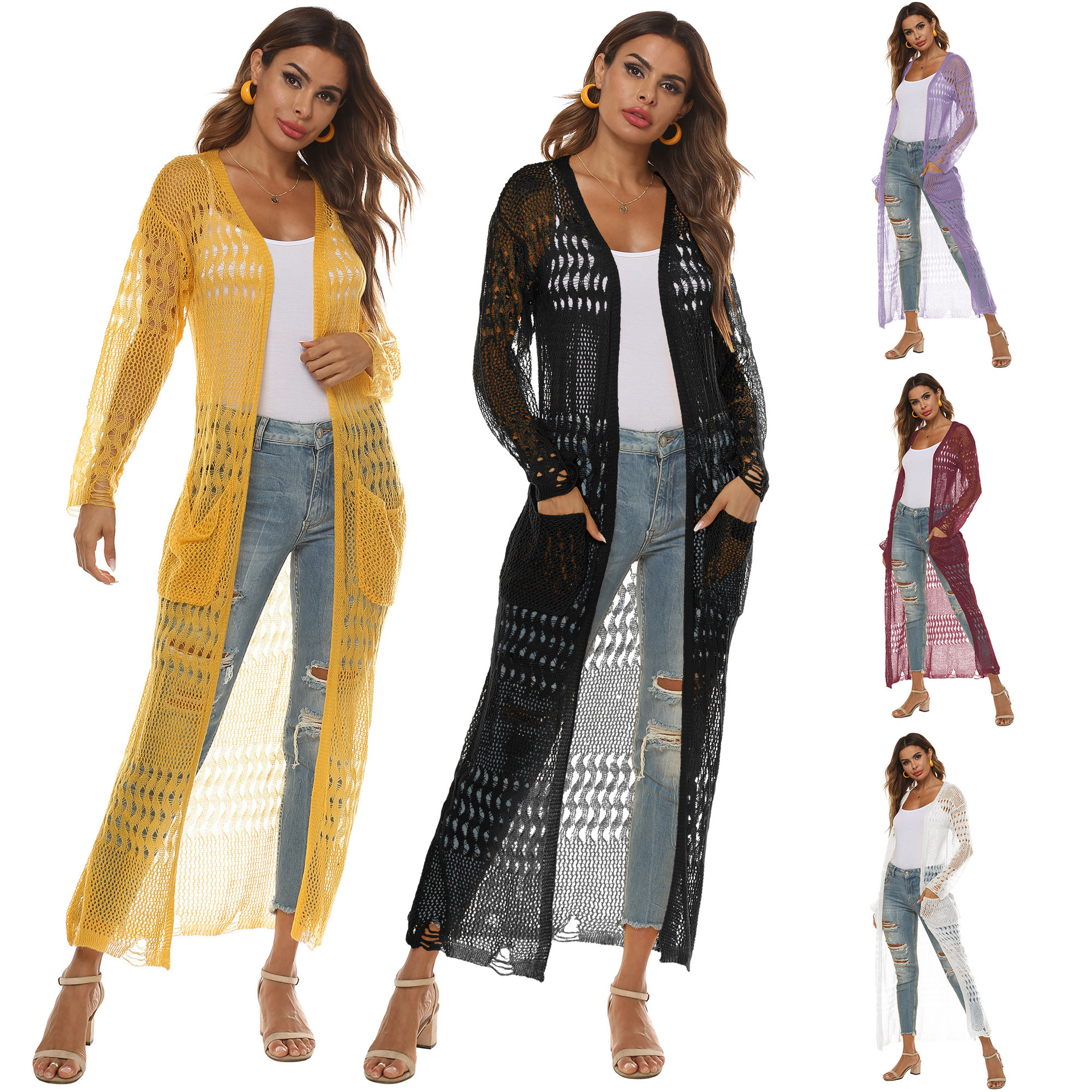 Women's Long Knit Cardigan with Pockets Casual Open Front