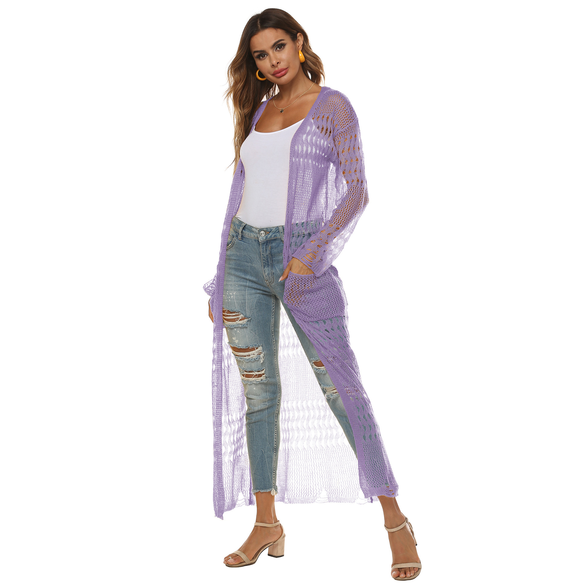 Women's Long Knit Cardigan with Pockets Casual Open Front