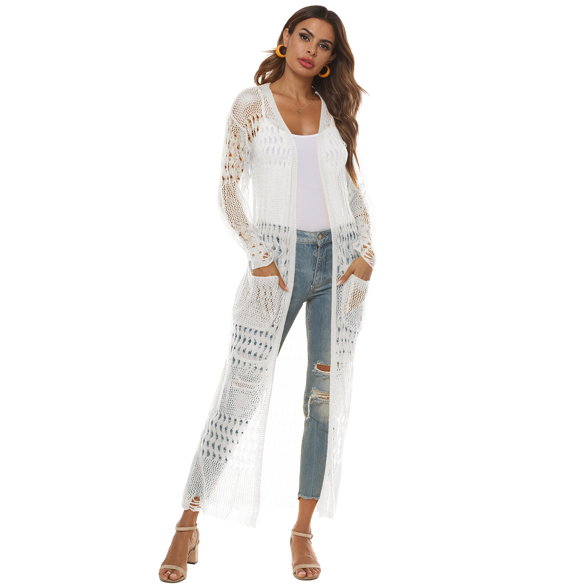 Women's Long Knit Cardigan with Pockets Casual Open Front
