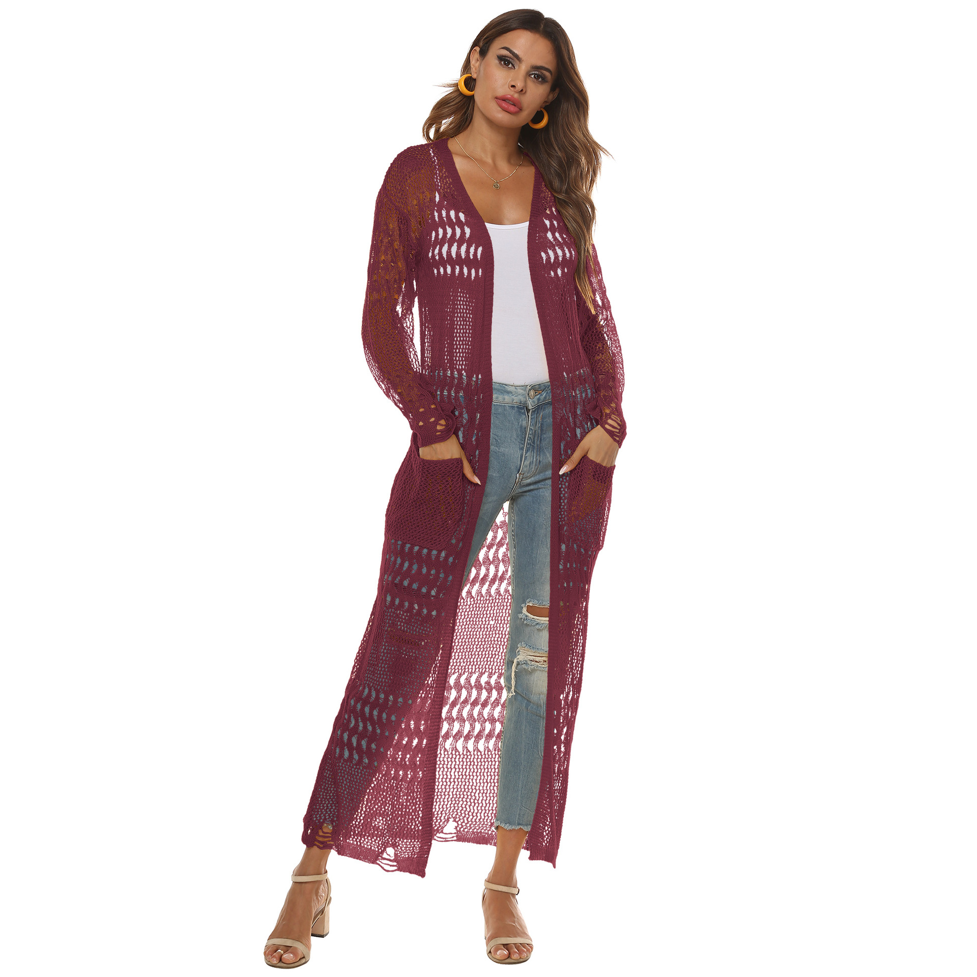 Women's Long Knit Cardigan with Pockets Casual Open Front