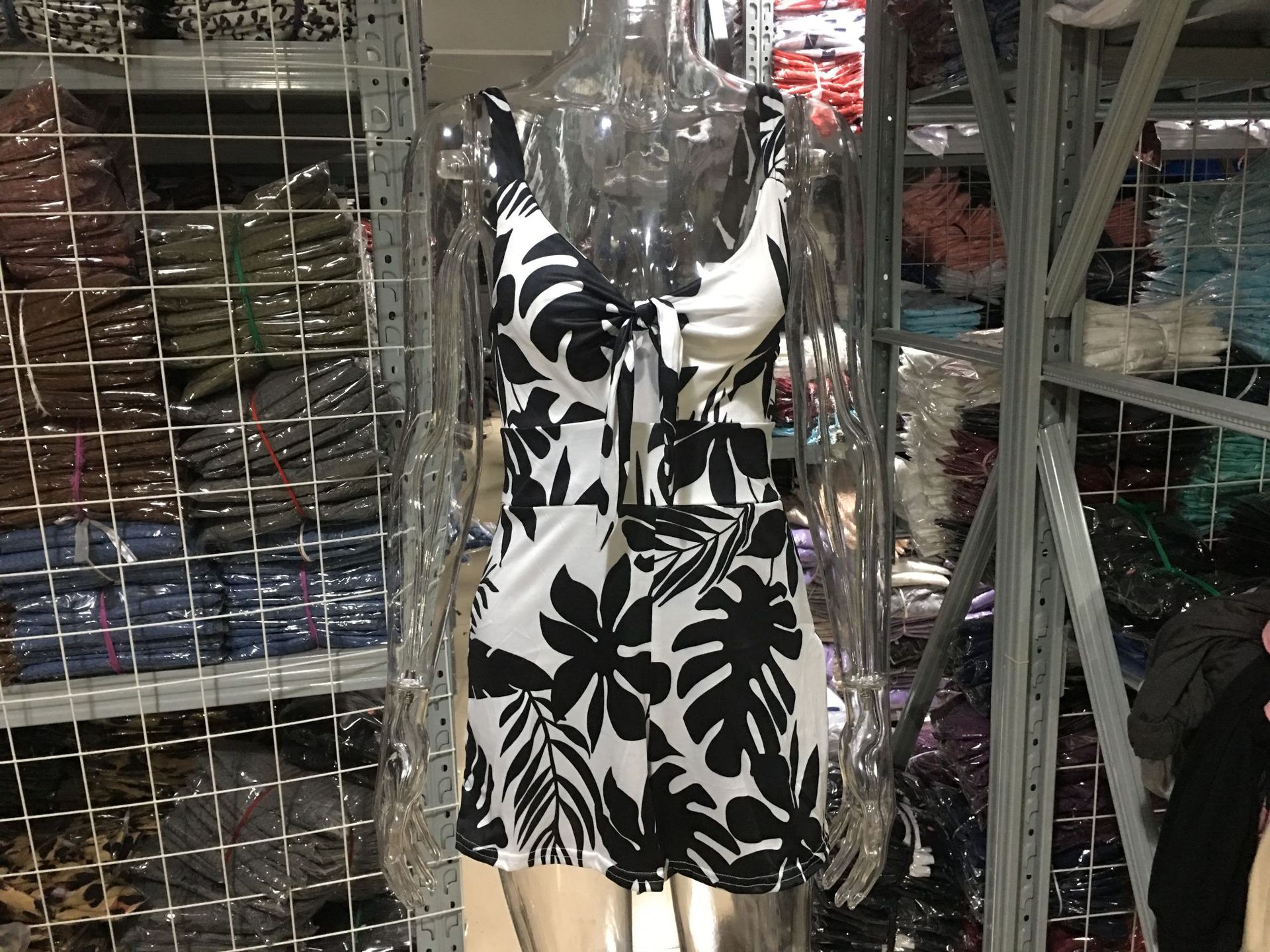 Sexy Printed Cami Romper with Bow Tie Chest