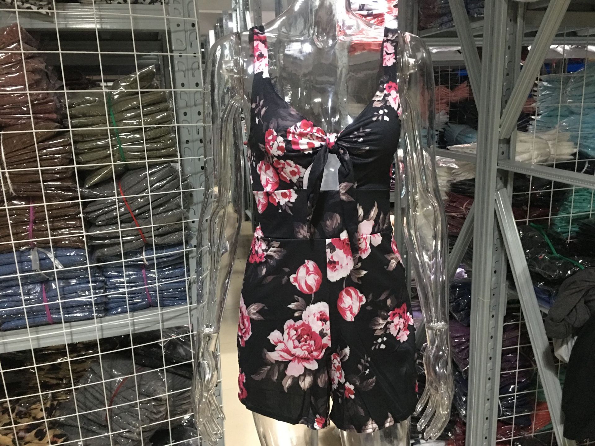 Sexy Printed Cami Romper with Bow Tie Chest