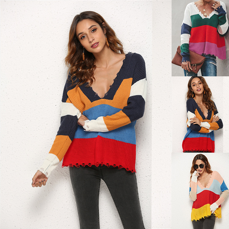 Distressed Patchwork V-Neck Knit Sweater