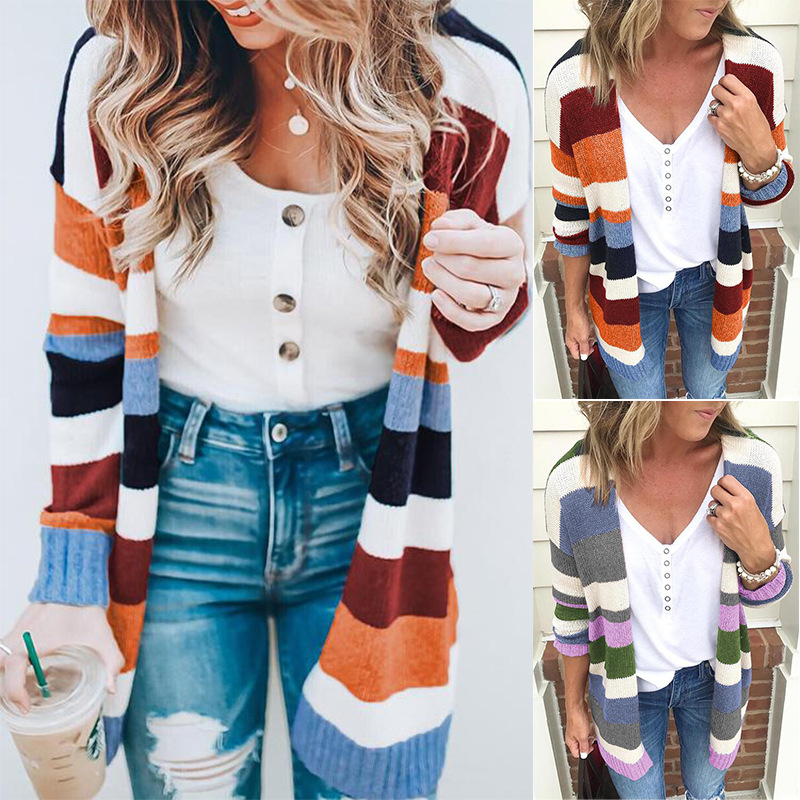 Women's Plus Size Striped Open Front Knit Cardigan Loose Batwing Sleeve