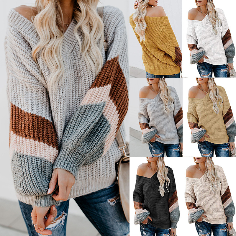 V-Neck Knit Sweater with Lantern Sleeves and Patchwork, Loose Plus-Size Pullover