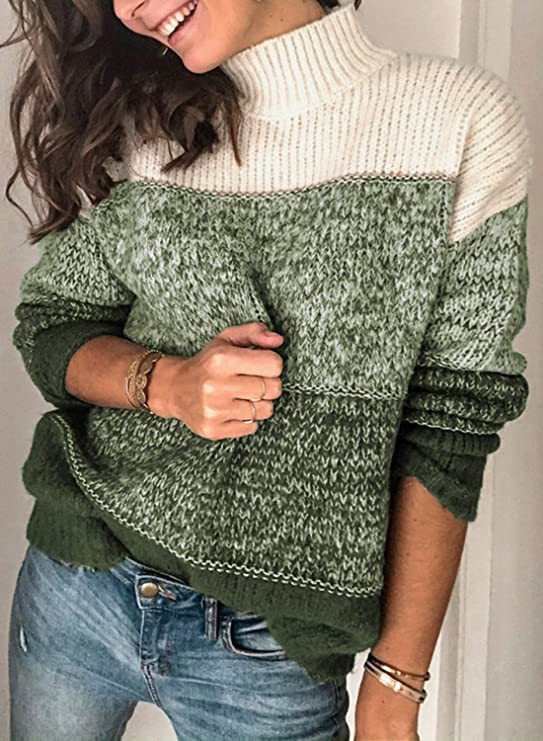Plus Size Women's Patchwork Knit Sweater with High Neck, Loose Fit