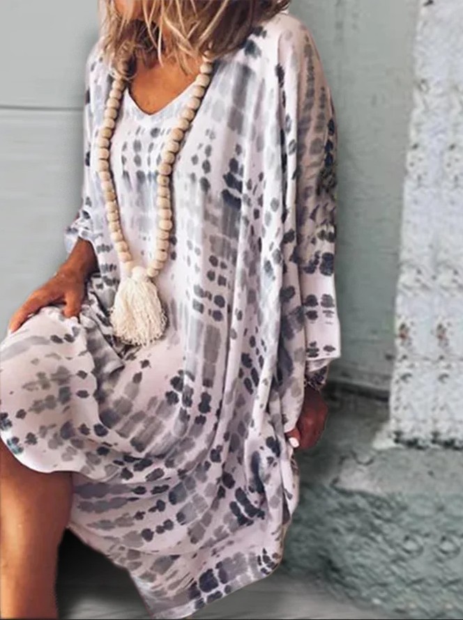 Women's Vintage V-Neck Print Midi Dress