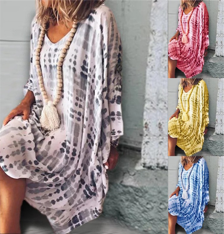 Women's Vintage V-Neck Print Midi Dress