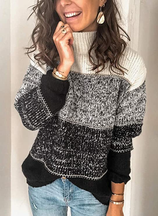 Plus Size Women's Patchwork Knit Sweater with High Neck, Loose Fit