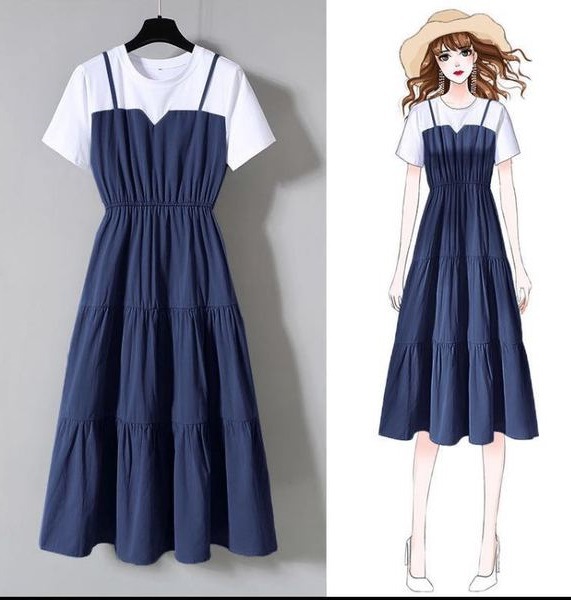 Women's Short Sleeve Faux Two-Piece A-Line Dress with Waist Cinch