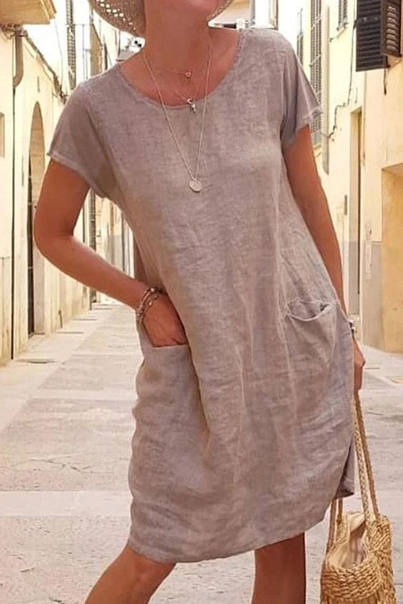 Women's Summer Loose Solid Color Cotton Linen Short Sleeve Round Neck Pocket Dress