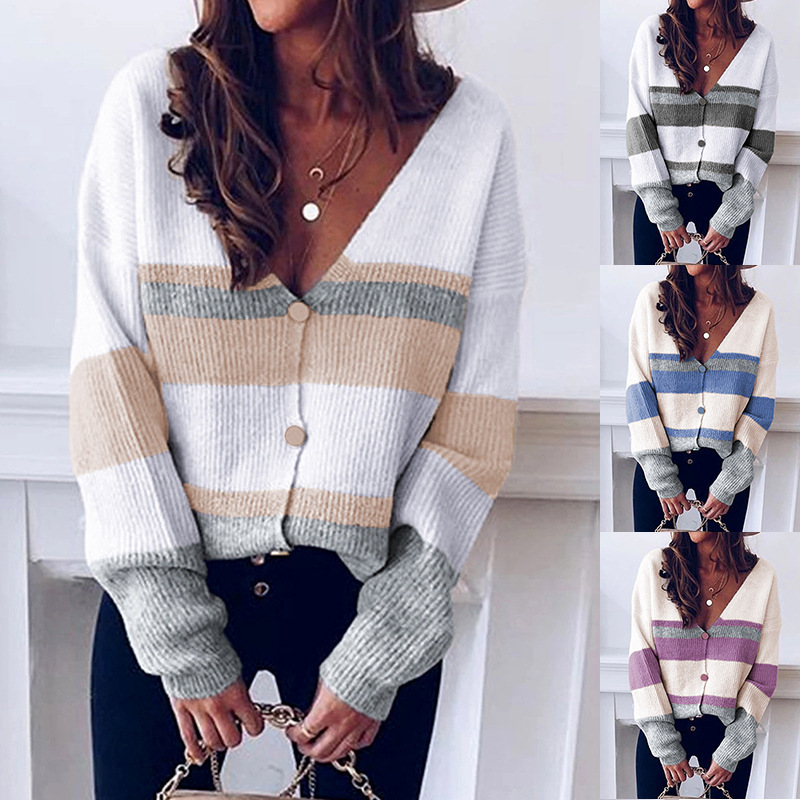 Color-Block V-Neck Buttoned Striped Knit Cardigan Sweater