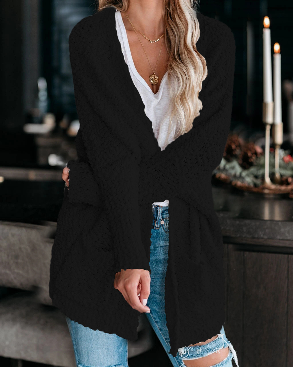 Plus Size Knit Cardigan with Pockets Mid-Length Sweater Coat
