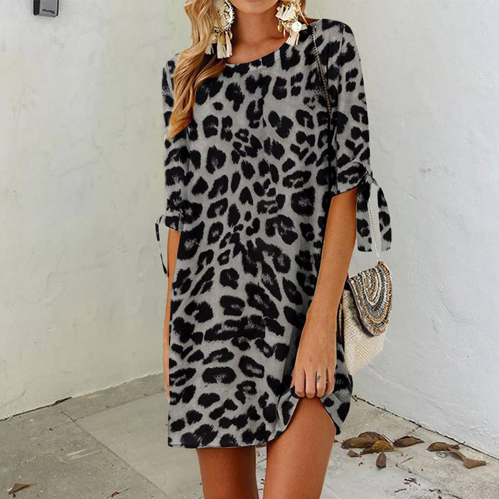 Leopard Print Round Neck Short Sleeve Dress